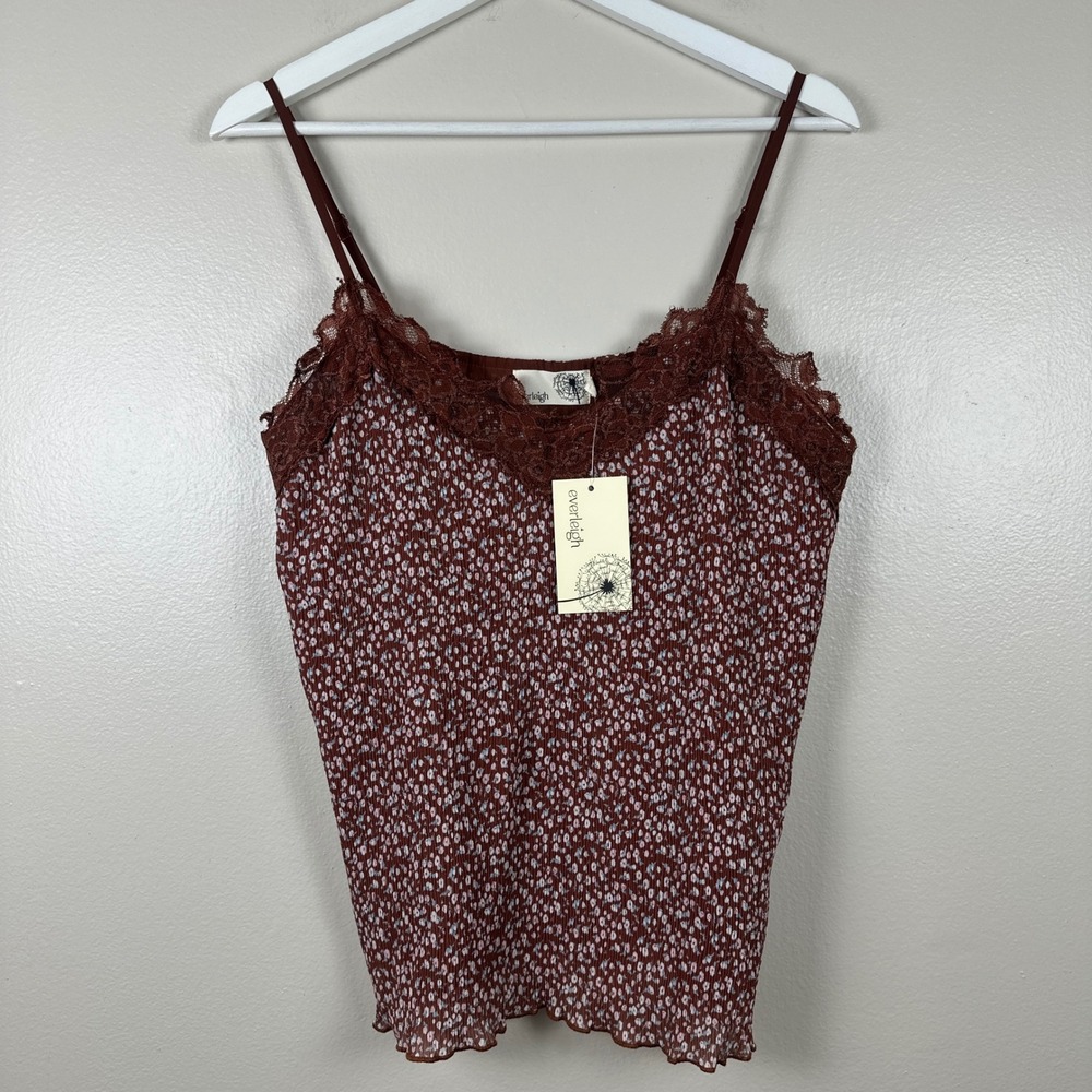 Everleigh Women's M‎ Camisole Rust Brown Floral Lace Trim Plissé Y2K NEW
